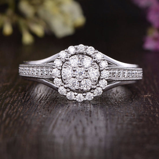 1.0 CT Round Cut Halo Pave Moissanite Engagement Ring 1