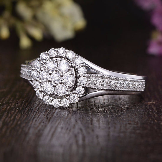 1.0 CT Round Cut Halo Pave Moissanite Engagement Ring 4