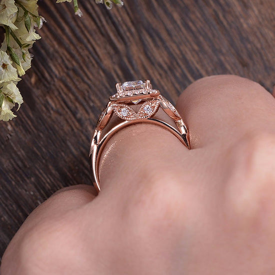 1.0 CT Emerald Cut Halo Moissanite Engagement Ring 4