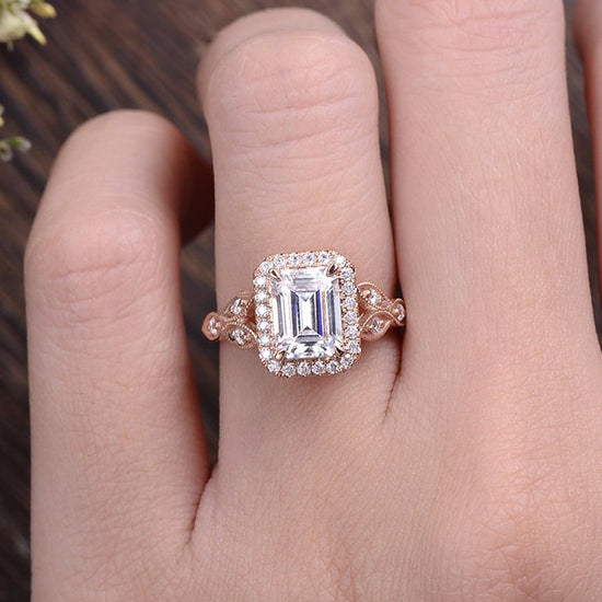 1.0 CT Emerald Cut Halo Moissanite Engagement Ring 2