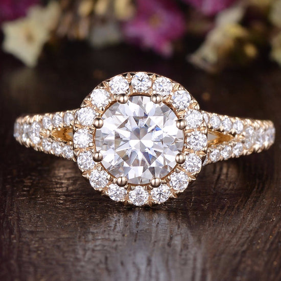 1.60 CT Round Cut Halo Split Shank Setting Moissanite Engagement Ring 1