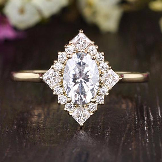 0.75 CT Oval Cluster Halo Moissanite Engagement Ring 1