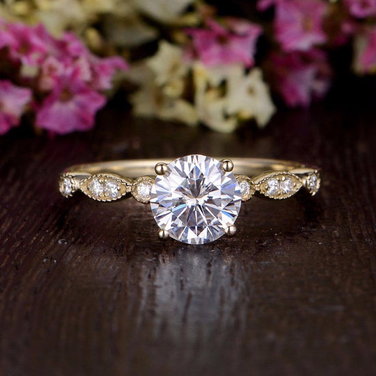 1.35 CT Round Cut Solitaire Milgrain Pave Setting Moissanite Engagement Ring 5