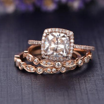 1.50 CT Cushion Cut Halo Moissanite Bridal Ring Set 3